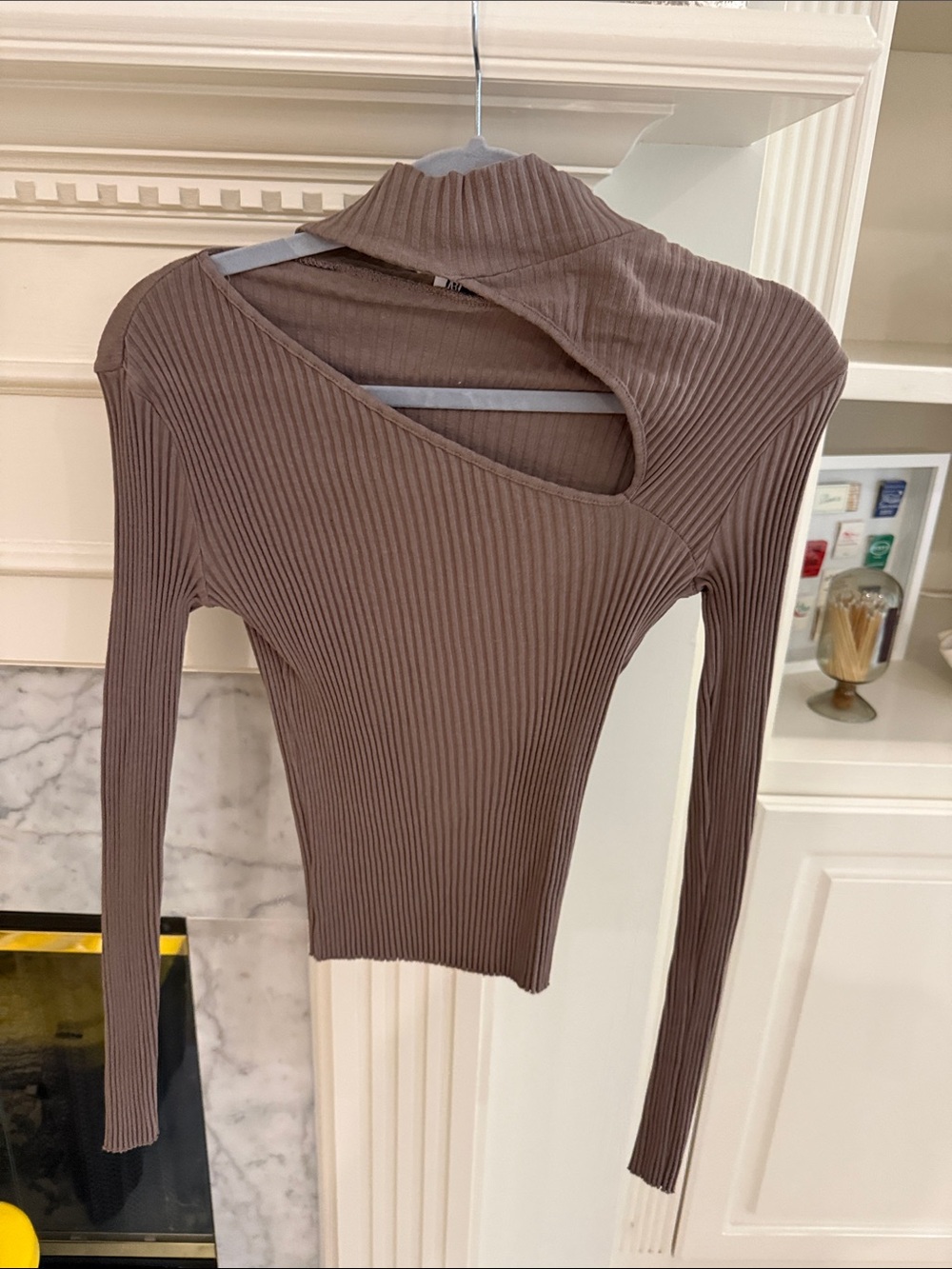 Zara Ribbed Asymmetric Cutout Long-Sleeve Top in Taupe